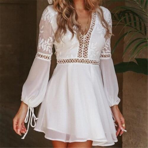 Sexy Women Boho Dress Summer Hollow Out Lace Long Sleeve Dress Evening Party Clothes White Beach Sundress Women Backless Dresses