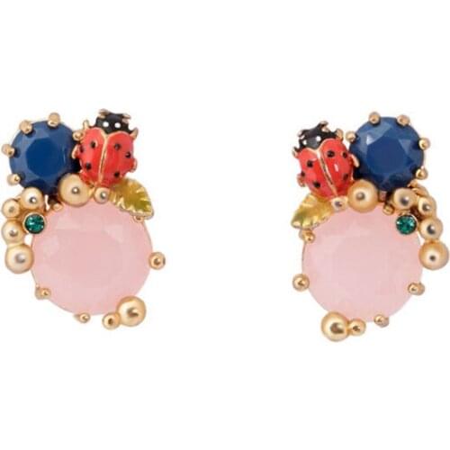 European and American fashion enamel glaze ladybug blue pink crystal stud earrings 925 silver needle niche design earrings