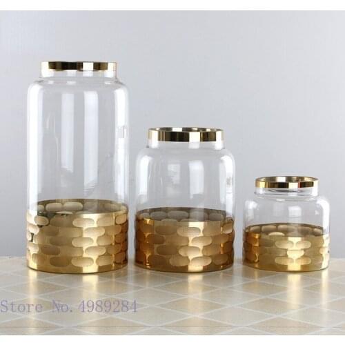 Golden Glass Vase Honeycomb Pattern Golden Edge Transparent Glass Flower Vase Flower Arrangement Hydroponics Home Decoration
