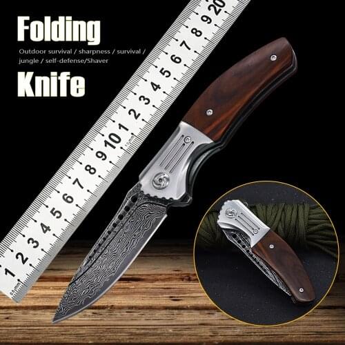 VG10 Damascus Steel Outdoor Self-Defense Tools Hunting Survival EDC Wooden Handle Folding Knife Rescue Camp Fruit Knives