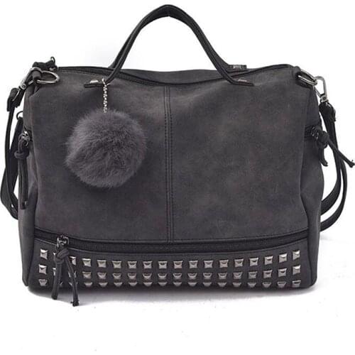 Girl Vintage Leather Top-handle Bags Messenger Bag Rivet Large Capacity Bags Hair Ball Shoulder Bag Nubuck Totes bolso mujeer