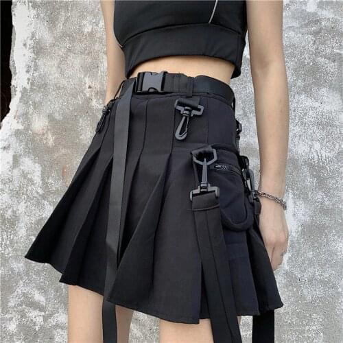 Solid Harajuku Women Skirt Vintage A-Line Pleated Pockets High Waist Skirts Korean Sashes Above Knee Casual Kawaii Skirts