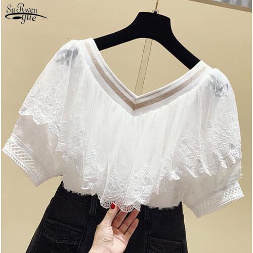 Women New Short Sleeve Ruffle Stitching Chiffon Shirts Summer Lace Blouses V-neck Slim Sweet Solid Korean Chic Tassel Tops 13497
