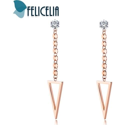 Felicelia Geometric Triangle Design Women Long Dangle Earrings Clear Cubic Zirconia Stainless Steel Rose Gold Tone Jewelry