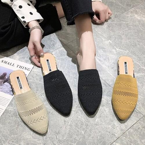 Summer Women Slippers Pointed Toe Slides Low Heels Cover Toe Slipper Stretch Fabric Woman Shoes Flip Flops zapatos mujer 8054L