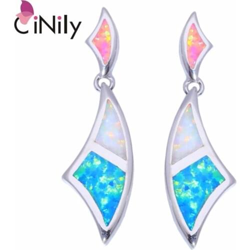 CiNily Created Blue White Pink Fire Opal Silver Plated Wholesale for Women Jewelry Wedding Party Stud Earrings 1 1/4" OH2731