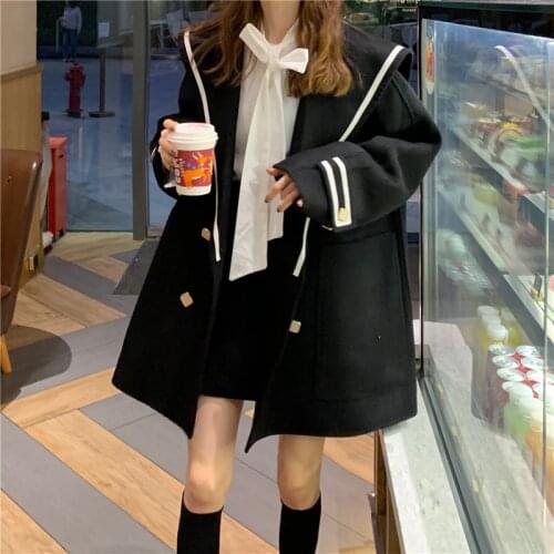 Heydress Autumn New Female Mid-Long New Korean Style Women Solid Warm Outerwear Lady Faux Wool Coats Navy Lapel Woolen Coat