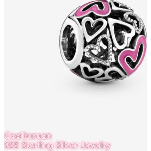 100% 925 Sterling Silver Pink Openwork Freehand Heart Charms beads Fits Original Pandora bracelets Jewelry Making