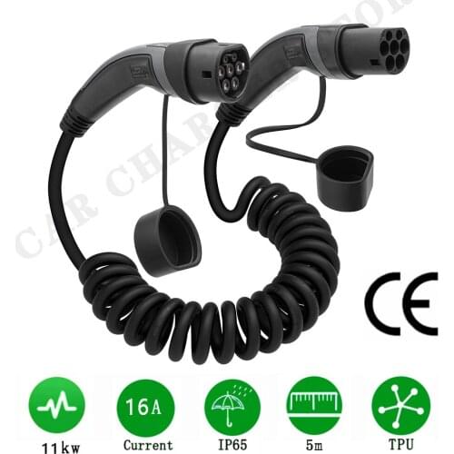 16A EV Charger Cable 11KW Type 2 to Type 2 IEC 62196 EV Charging Plug With 5 Meter Spiral cable TUV/UL Mennekes 2 Connector