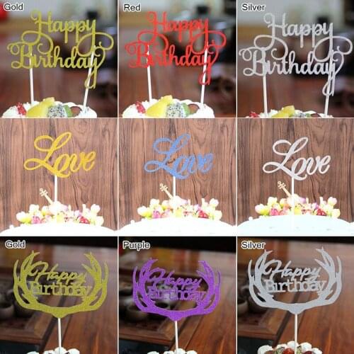 2pcs Happy Birthday Cake Topper Gold Glitter Paper LOVE Wedding Cupcake Topper For Birthday Party Cake Decorations Baby Shower