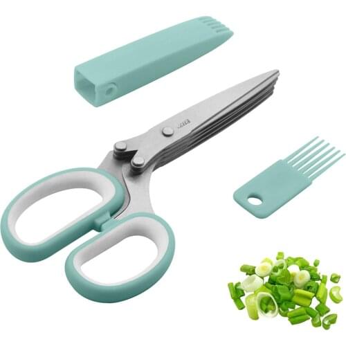 Herb Scissors Set Kitchen Cutting Shears with Stainless Steel 5 Blades Safety Cover and Cleaning Comb for Cilantro Onion Salad