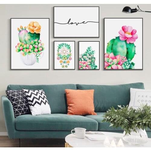 Watercolor Cactus Flower Canvas Poster Nordic Style Print Scandinavian Wall Art Painting Pictures Minimalist Modern Home Decor