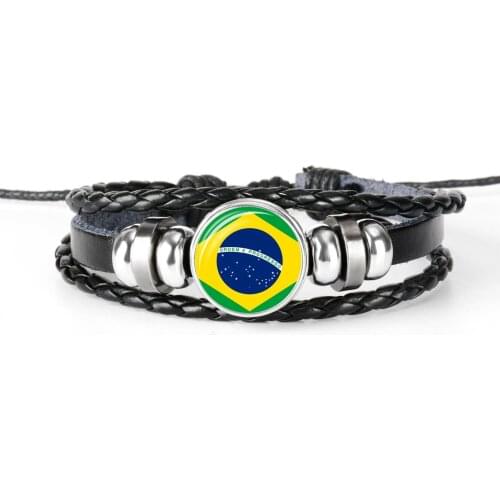 BRAZIL CHILE GUYANA BOLIVIA South America National Flag Mens Leather Bracelet Glass Cabochon Charm Multilayer Braided Women