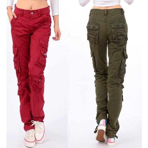 Ladies Casual Army Green Military Cotton Cargo Pants Autumn Winter Women Loose Multi Pockets Straight Street Dance Trousers 38