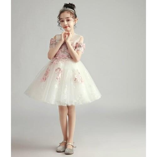 Flower Girl Dress Illusion O-Neck Appliques Crystal Embroidery Pearls Princess Off The Shoulder Tulle Lace Kids Party Gown H386