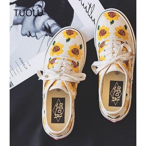 Canvas Shoes Flats Autumn Women Girls Sunflower Sneakers Ladies Shoe Low Top Lacing Flat Heel Casual Yellow Shoes 35-40