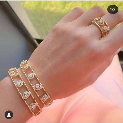 Janekelly luxury Unique African Bangle Ring Set Jewelry Sets For Women Wedding Cubic Zircon Crystal CZ Dubai Bridal Jewelry Set