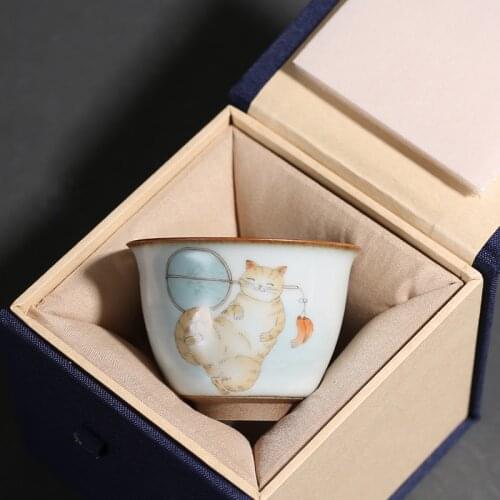 70ml Ru Kiln Tea Cups Ceramic Kung Fu Master Cup Hand Painted Cute Cat Teacup Pottery Tea Bowls Home Decor Gifts for Friends Art