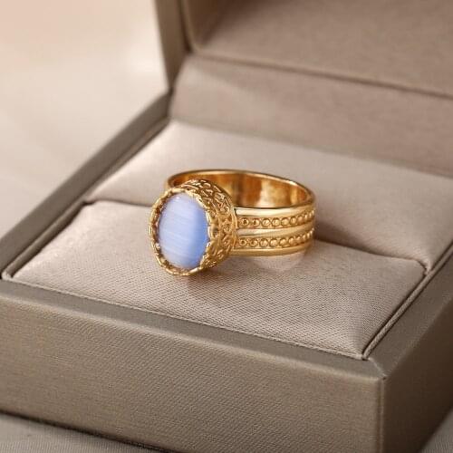 Classic Oval Opal Stone Wedding Rings For Women Exquisite Pattern Stainless Steel Gold Opal Ring Women Elegant Wedding Jewelry