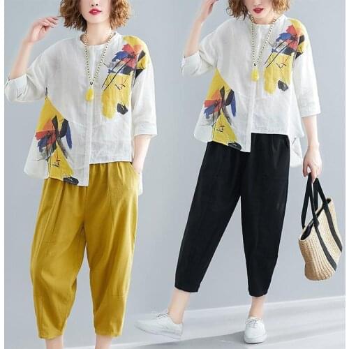 Printed suit mother large size womens summer new fashion loose shirt womens shirt nine points pants T-shirt harem pants
