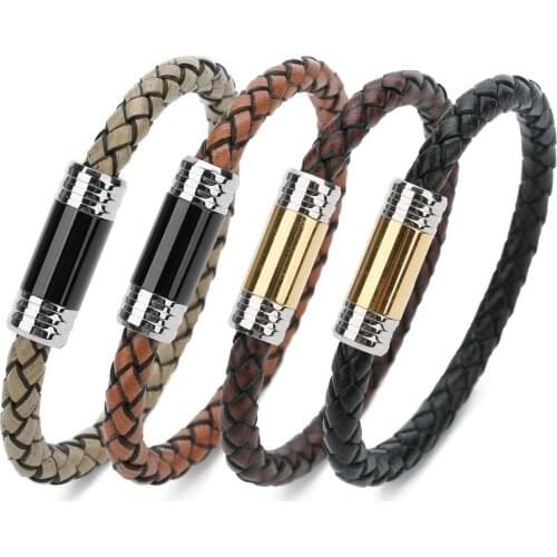 Unisex Stainless Steel Double Color Magnetic Clasp Connector Leather Bracelets For Men Women 6mm Cord Rope Bracelet 20cm