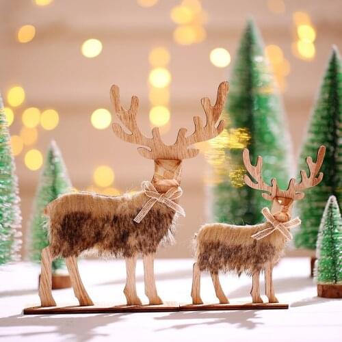 Creative Wooden Elk Stitching Ornament with Plush Christmas Home Desktop Decoration Xmas Ornaments NW