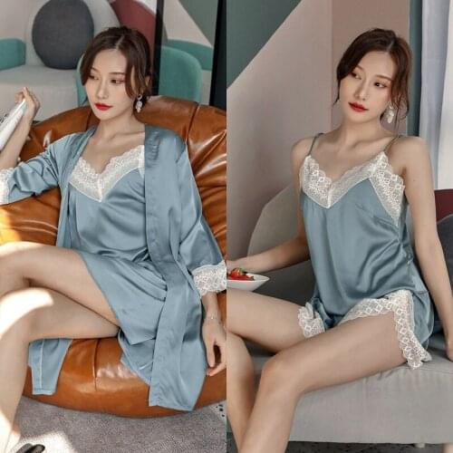 Pajamas home service suit female spring and summer thin section nachtmode bathrobe four-piece sexy chest pad sling Sleepwear