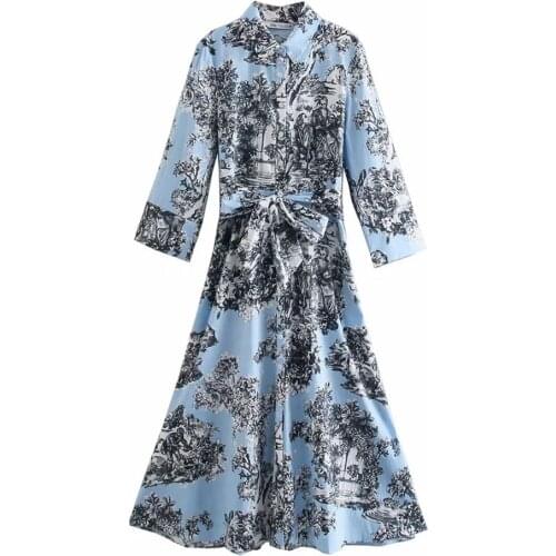 Za Dress Women Print lapel long Dress Woman 2021 Vintage French Elegant Tie Belt half Sleeve Female Casual floral vestidos