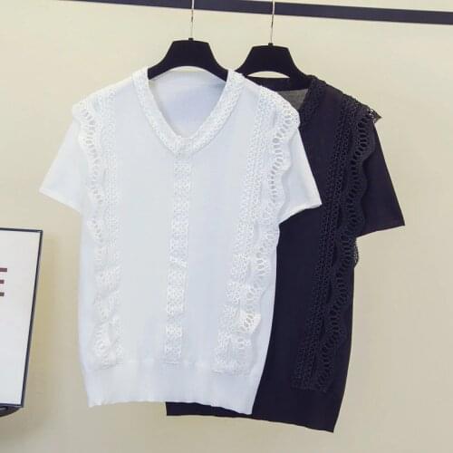 V-Neck Short Sleeve Knitted Pullovers Womens Sweater Summer Color contrast Loose Casual Women Clothes Red Elasticity Pull Femme