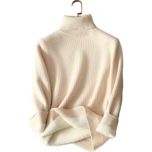 Turtleneck Fleece Women Sweater Pullovers Thicken Solid Slim All Match Buttoming Female Pulls Tops