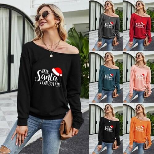 Womens round neck long-sleeved solid color cotton and linen casual loose fashion T-shirt with Christmas hat pattern