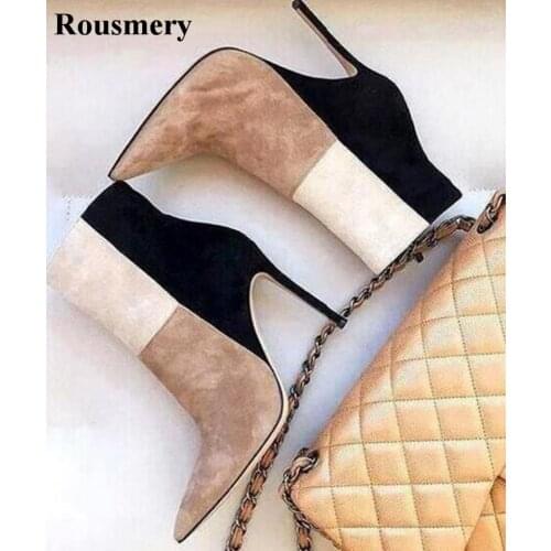 Spring Autumn New Fashion Women Pointed Toe Patchwork Color Ankle High Heel Boots Western Style Elegant Dress Boots