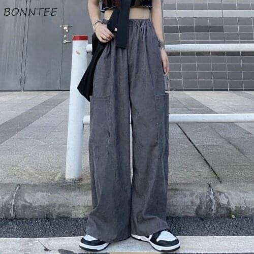 Pants Women Corduroy Summer Elastic Fashion Simple Korean Big Pockets Soft All-match Wide Leg Streetwear Female Vintage Trousers