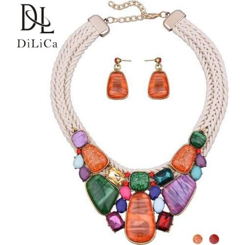 DiLiCa Fashion Jewelry Set Women Geometric Statement Charms Choker Bib Necklace Dangle Earrings Set Boho Necklaces Sets
