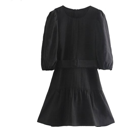 Round Neck Belt Black Mini Dress Lantern Sleeve Blouses Dress Fall 2019 Women Elegant Party Clothes vestidos mujer