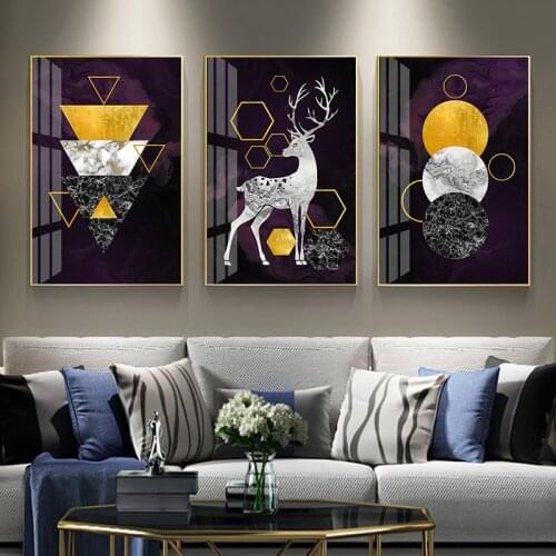 3 Pieces Gold Geometric Deer Abstract Wall Art Painting Canvas Print Poster Nordic Wall Pictures for Living Room Home Decor