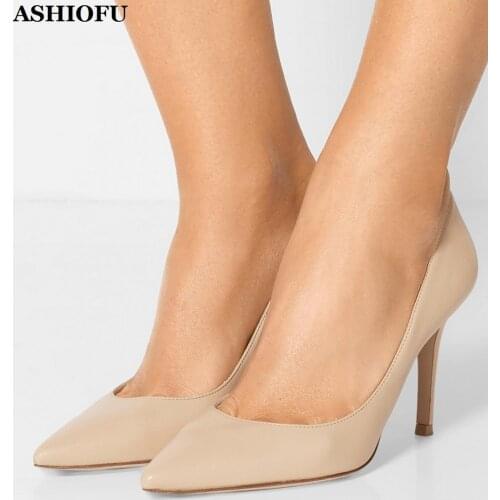 ASHIOFU New Handmade Stiletto High Heel Ladies Pumps Slip-on Party Prom Office Shoes Pointy Large Size Evening Fashion Shoes