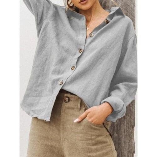 2021 Spring Autumn Vintage V-Neck Cotton Linen Blouse Shirts Women Casual Solid Long Sleeve Tops Ladies Plus Size Button Blusa