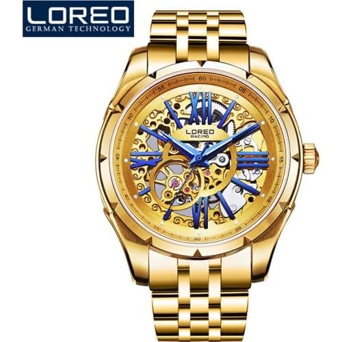 LOREO Transparent Mechanical Watch Mens Luxury Skeleton Automatic Watches Stainless Steel Sport Mens Watches Relogio Masculino