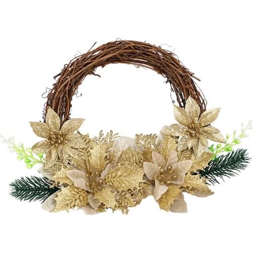 Door Wreath Xmas Decor Vine Circle Christmas Flower Garland Multicolor Decoration Rattan Ring + Silk Cloth Pine Needles
