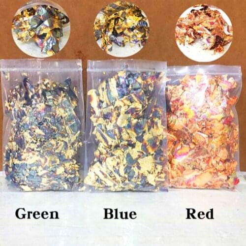 Fragment Of Variegated Gold Foil Sheets Red Green Blue Variegated Flake Imitation Gold Goil Leaf 10 Gram Each Color