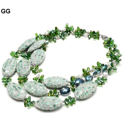 20'' 3 Rows Blue Crystal Necklace Pave Green Aventurine Beads