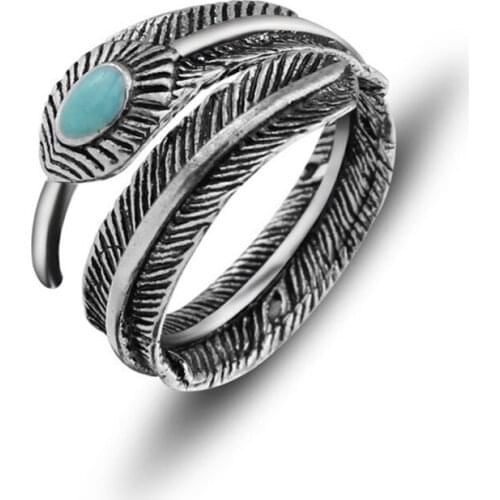 Fashion Retro Gothic Metal Mens Alloy Geometric Personality Leaf Feather Inlaid Turquoise Open Ring Jewelry Gift Adjustable