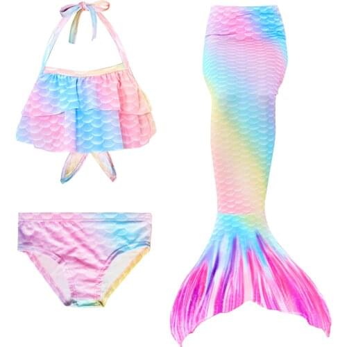 3pcs Mermaid Tails for Swimming Little Mermaid Girls Swimsuit Bikini Set Bathing Suit Party Cosplay Costumes can add Flippers