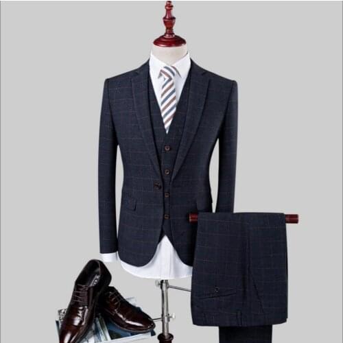 3 Pieces (jacket+pants+vest) 2020 Autumn Plaid Suit Men Groom Wedding Business Dress Suits Set Plus Size Clothing Costumes S-4xl