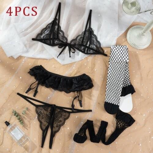 4Pcs Mesh Perspective Women Underwear Set Seamless Bra Set Female Fashion Temptation Sexy Lingerie Erotic Bra Garter Briefs Sets