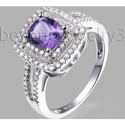 Genuine Natural Amethyst Engagement Ring , Purple Amethyst And Diamond In 14k White Gold Gemstone Rings For Sale 2T018