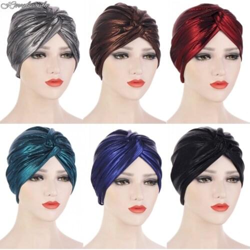 Fashion Women Metallic Pleated Turban Shiny Hijab Head Wrap Beanie Hat Muslim Solid Headwear Female Hair Accessories Chemo Cap