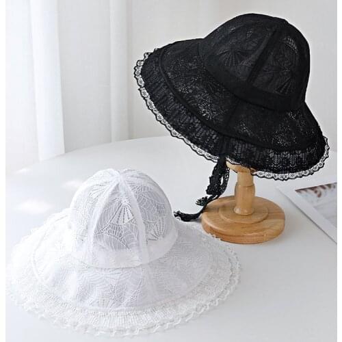 OMEA Lace Bucket Hat Women Cute Embroidery Luxury Floral Summer Beach Visor Adjustable Ribbon Wide Brim Lolita Elegant Children