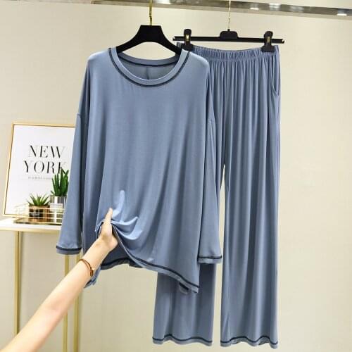 2021 Fall Modal Plus Size Home Suit Womens Casual Long Sleeve T-shirt Striped High Waist Loose Wide Leg Pants